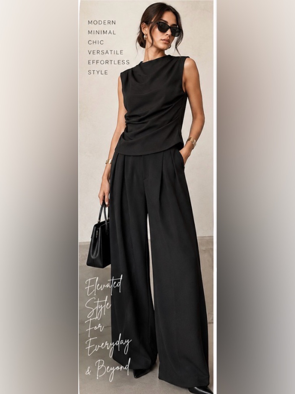 COMMENSE Black Ruched Top Pleated Wide Leg Pants 2 Piece Set M NWT